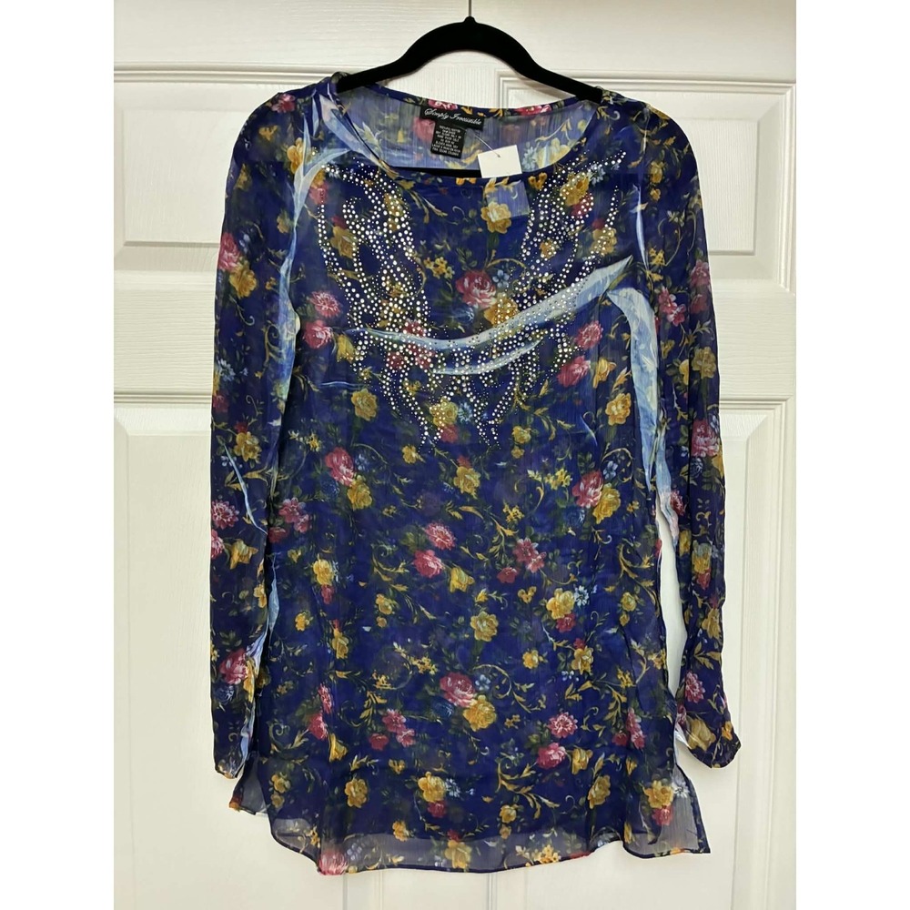 Simply Irresistible Blouse Womens Medium Blue Sheer Floral Rhinestone LongSleeve